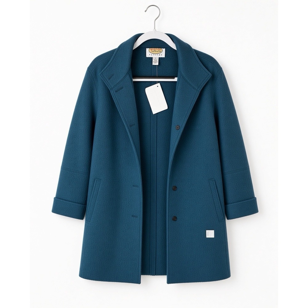 NWT Talbots Petites P Teal 100% Wool Stand Collar Button Coat Jacket